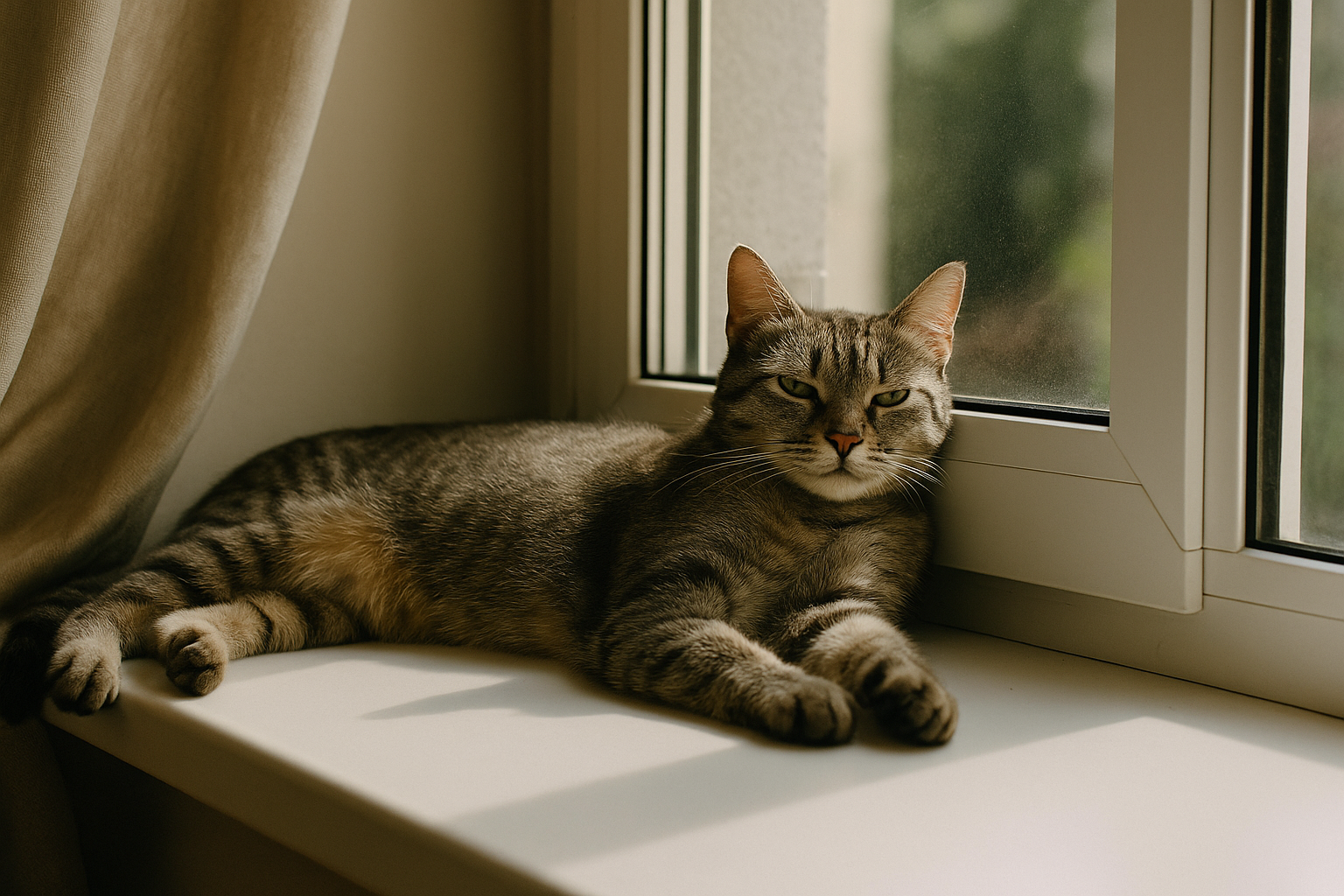 Cat lounging in a shady window